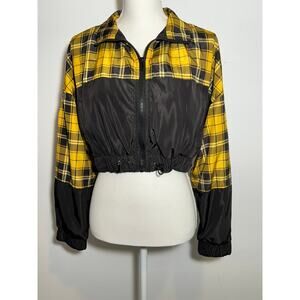 Forever 21 Cropped Jacket Yellow and Black Plaid Windbreaker Size M